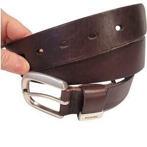 Fossil WMS Leather Belt Solid Brown Square Silver Buckle XL Adjustable 35-39"